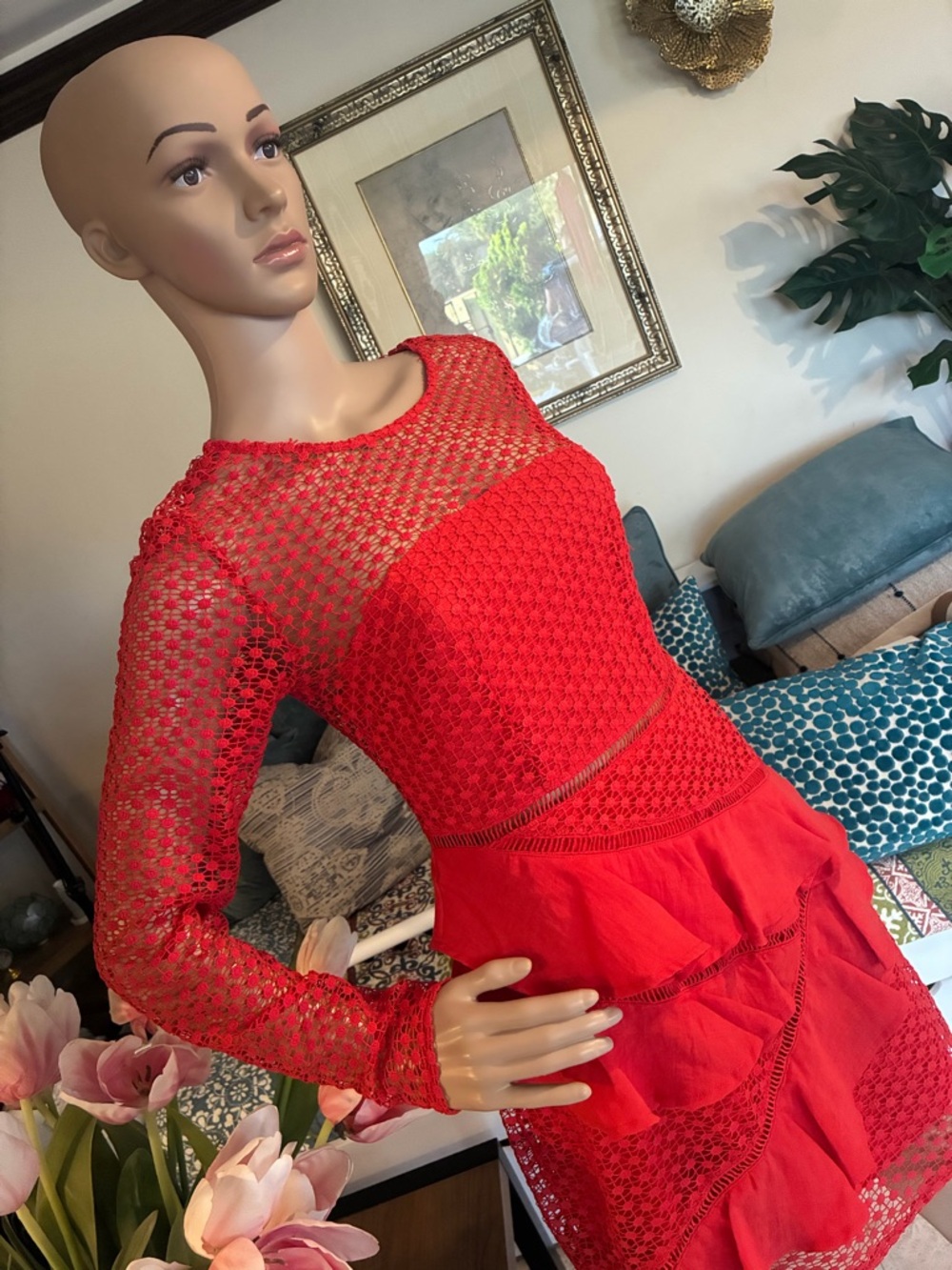 Sage + Paige Red Guipure Lace Mini Dress with Tiered Ruffles Size M - Picture 7 of 10